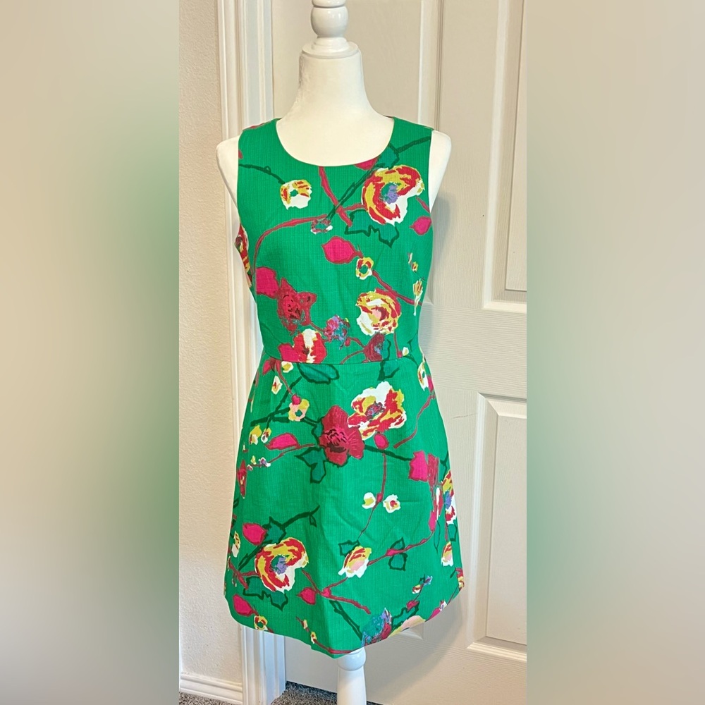 J. Crew Factory Garden Party Textured Shift Dress Floral Spring Print EUC Green